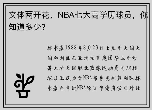 文体两开花，NBA七大高学历球员，你知道多少？