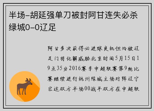 半场-胡延强单刀被封阿甘连失必杀 绿城0-0辽足
