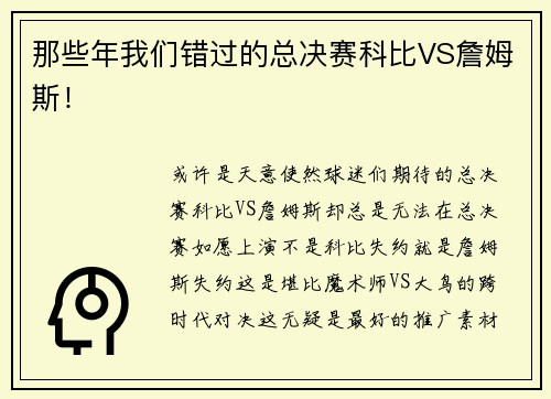 那些年我们错过的总决赛科比VS詹姆斯！